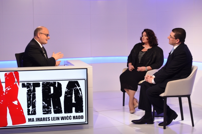 Host Saviour Balzan with civil liberties minister Helena Dalli and PN MP Clyde Puli